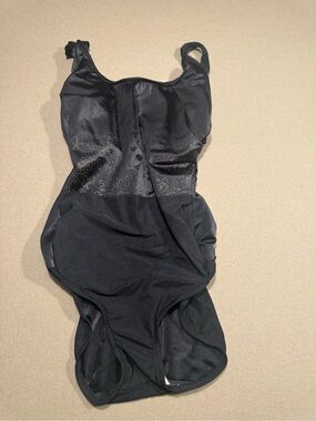 Black Women's One-Piece Shiny Swimsuit / vintage 1970s SLimsuit brand